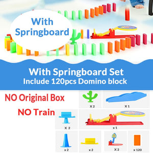 Automatic Domino Brick Laying Toy Train Car with sound light Elevator Springboard Bridge Catapult dominoes Set gift for Children